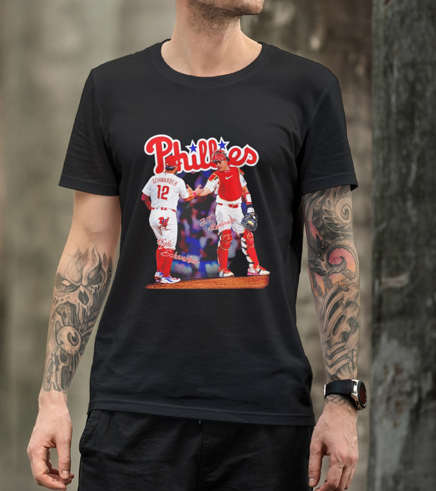 Philadelphia Phillies Kyle Schwarber J Realmuto 12 Catcher Handshake T-Shirt