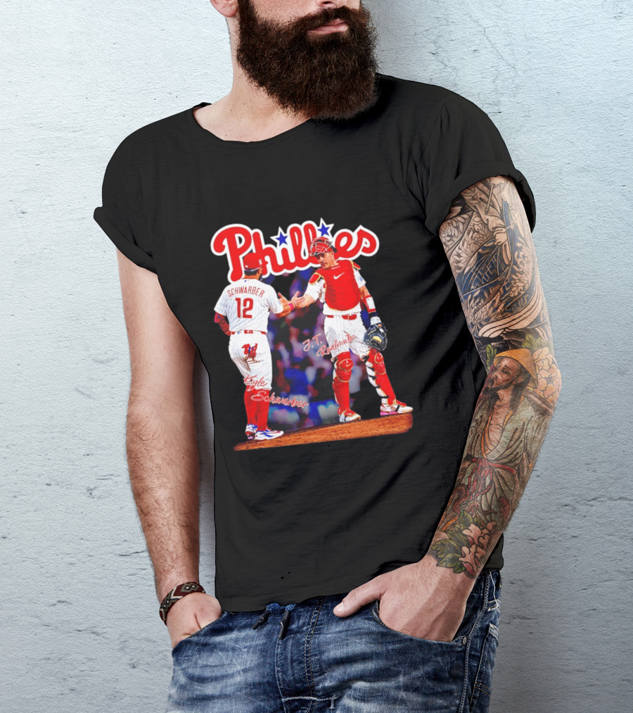 Philadelphia Phillies Kyle Schwarber J Realmuto 12 Catcher Handshake T-Shirt