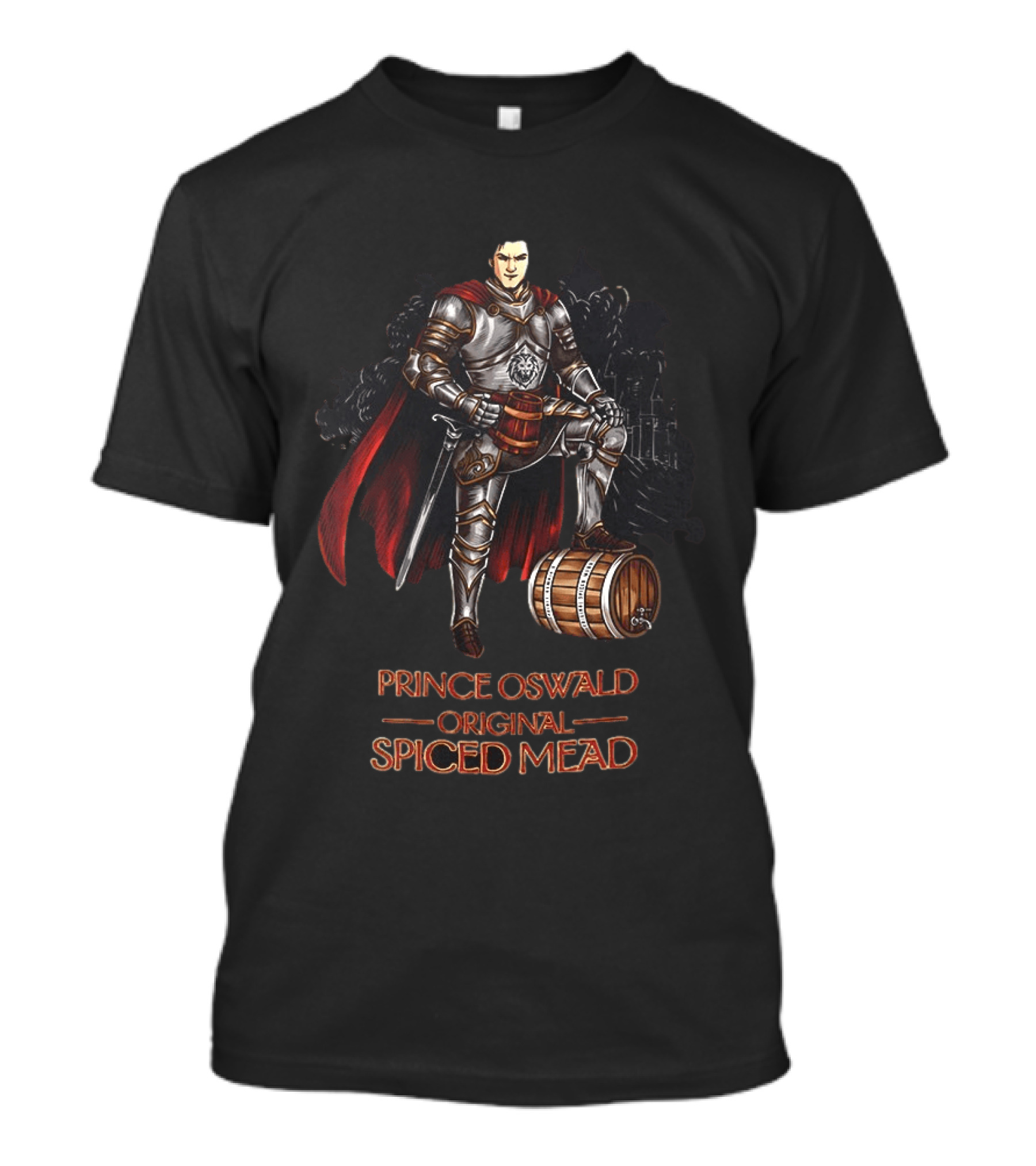 Prince Oswald Original Spiced Mead Knight With Barrel And Red Cape T-Shirt