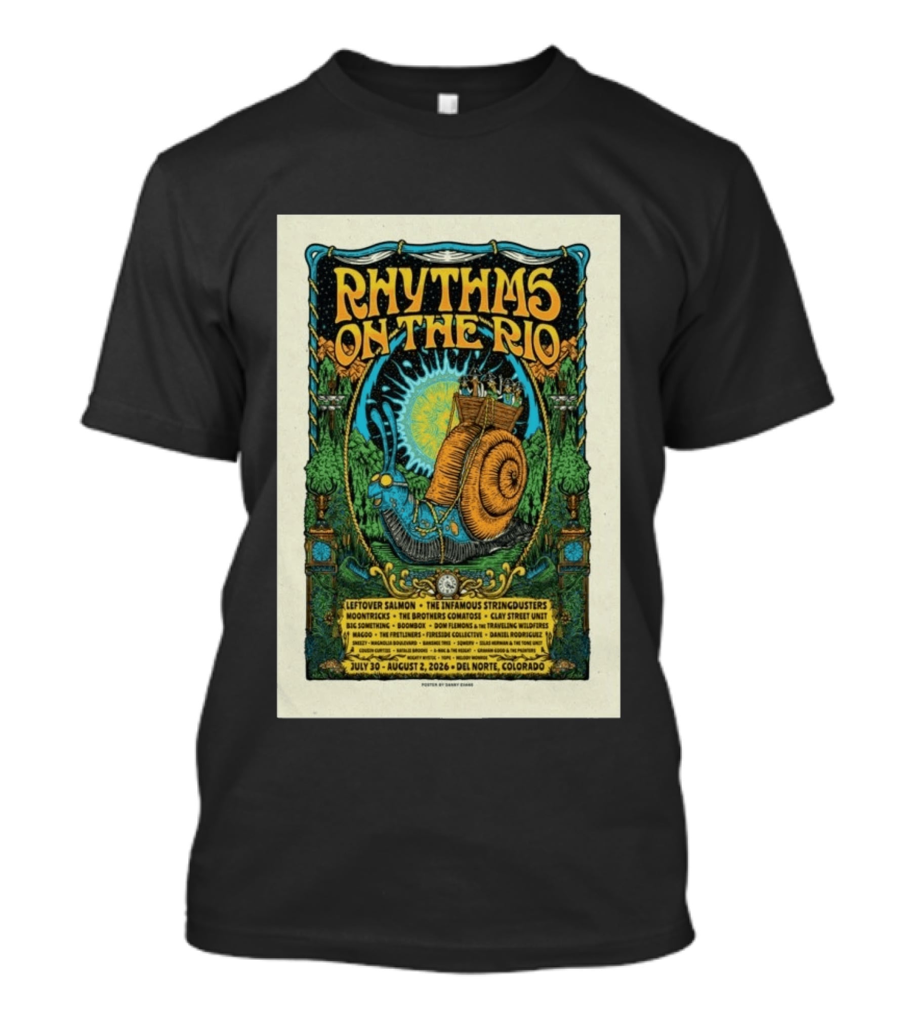 Rhythms On The Rio July 30 August 2 2026 Del Norte Colorado Leftover Salmon The Infamous Stringdusters T-Shirt