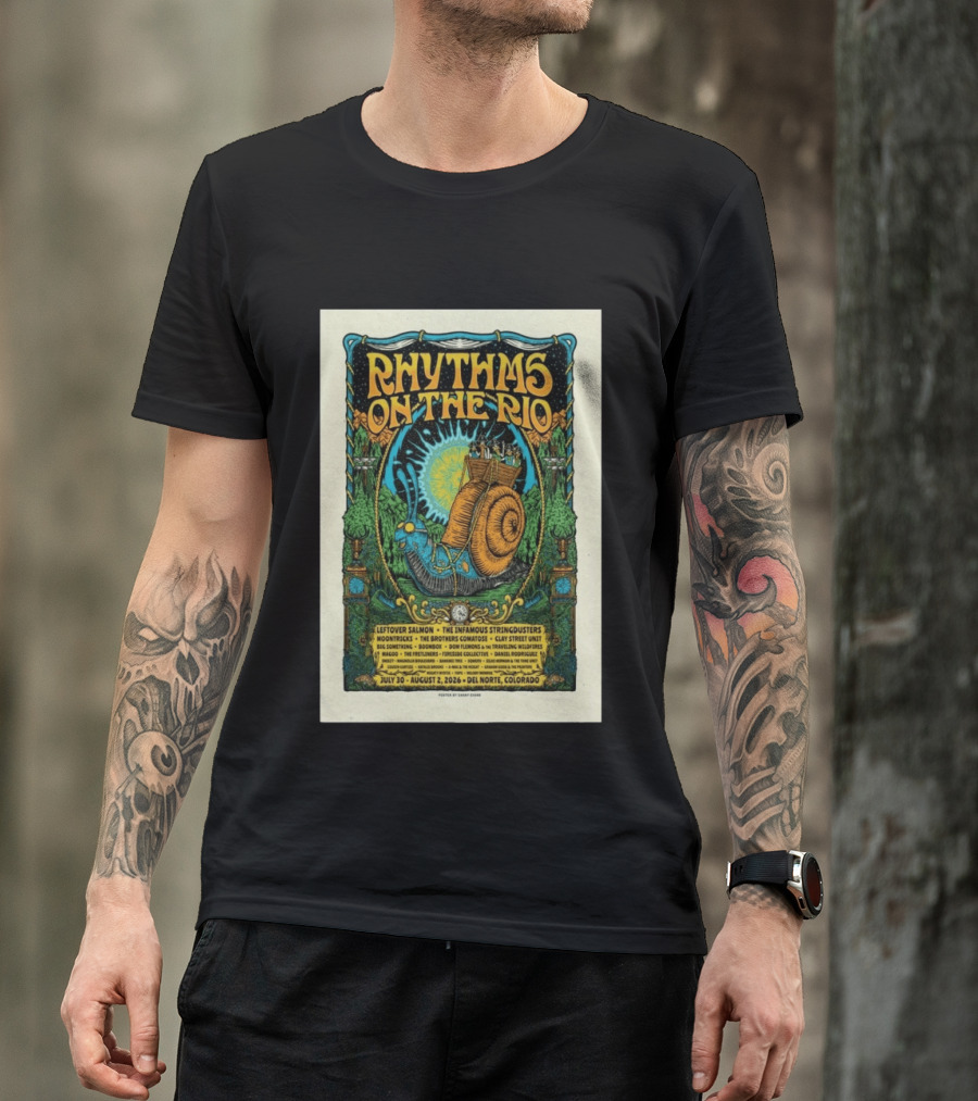 Rhythms On The Rio July 30 August 2 2026 Del Norte Colorado Leftover Salmon The Infamous Stringdusters T-Shirt