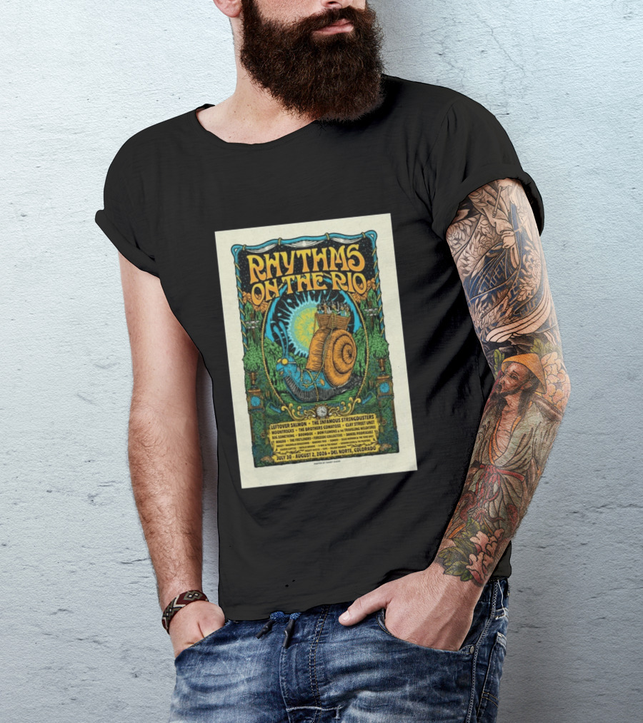 Rhythms On The Rio July 30 August 2 2026 Del Norte Colorado Leftover Salmon The Infamous Stringdusters T-Shirt