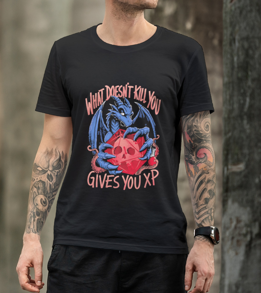 What Doesn't Kill You Gives You XP Blue Dragon Holding Red D20 Skull T-Shirt