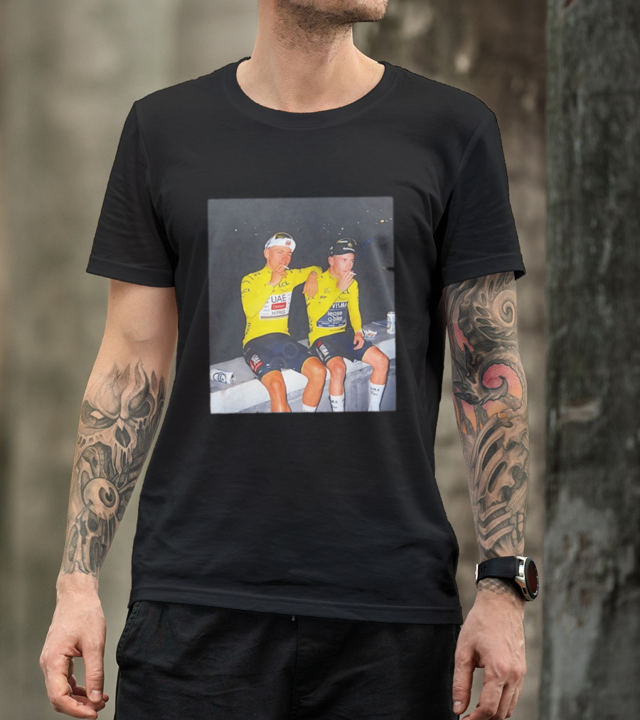 Tadej Pogačar Jonas Vingegaard Smoking LCL UAE Team Emirates Jumbo Visma Yellow Jersey T-Shirt