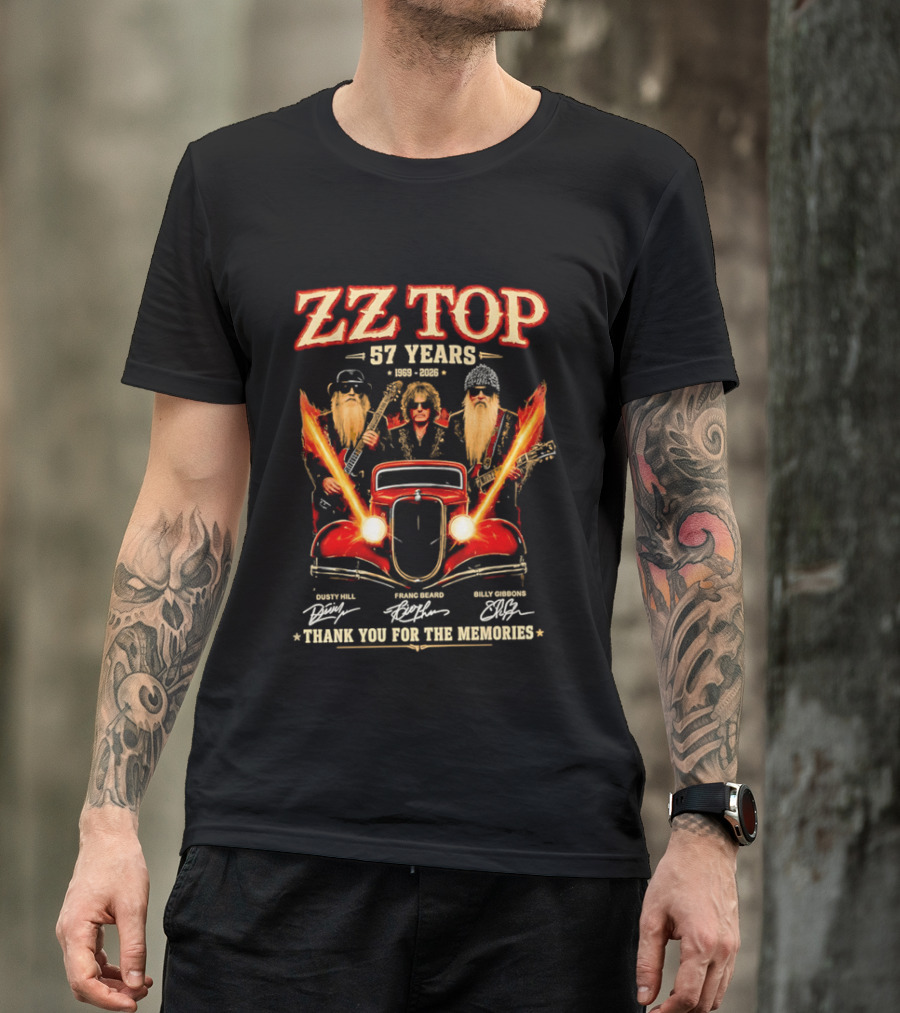 ZZ Top 57 Years 1969 2026 Dusty Hill Franc Beard Billy Gibbons Thank You For The Memories Classic Car And Guitars T-Shirt