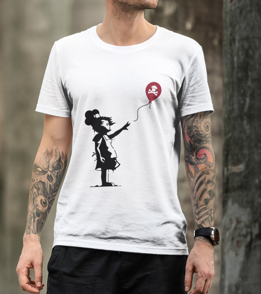 Baker Reaching For Cupcake And Crossbones Balloon Black Silhouette On Red T-Shirt