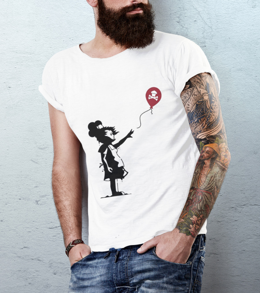 Baker Reaching For Cupcake And Crossbones Balloon Black Silhouette On Red T-Shirt