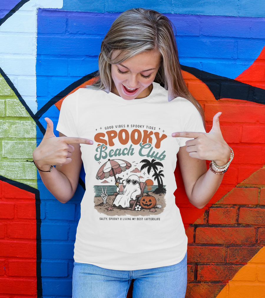 Good Vibes & Spooky Tides Spooky Beach Club Salty Spooky & Living My Best Afterlife T-Shirt