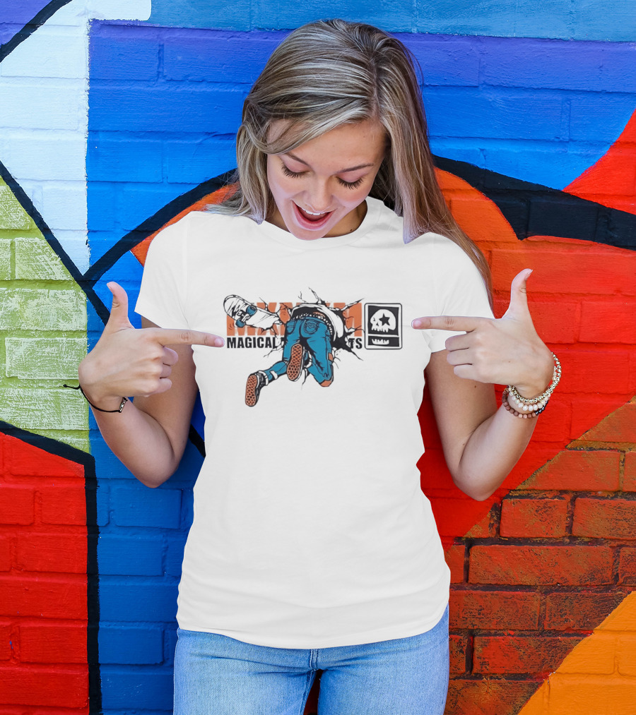 Magical Skateboarder Crashing Through Wall Skull Jeans Brick Wall T-Shirt