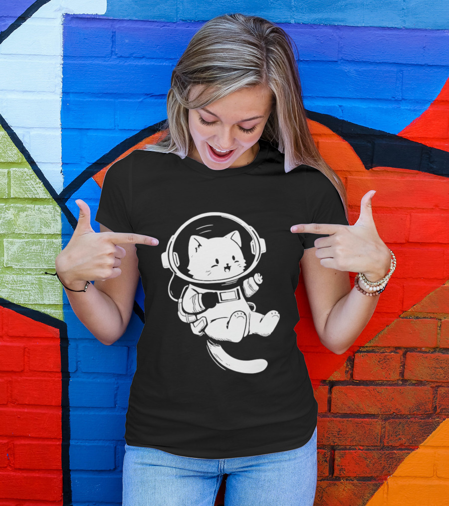 Astronaut Cat Floating In Space Suit Cosmic Adventure T-Shirt