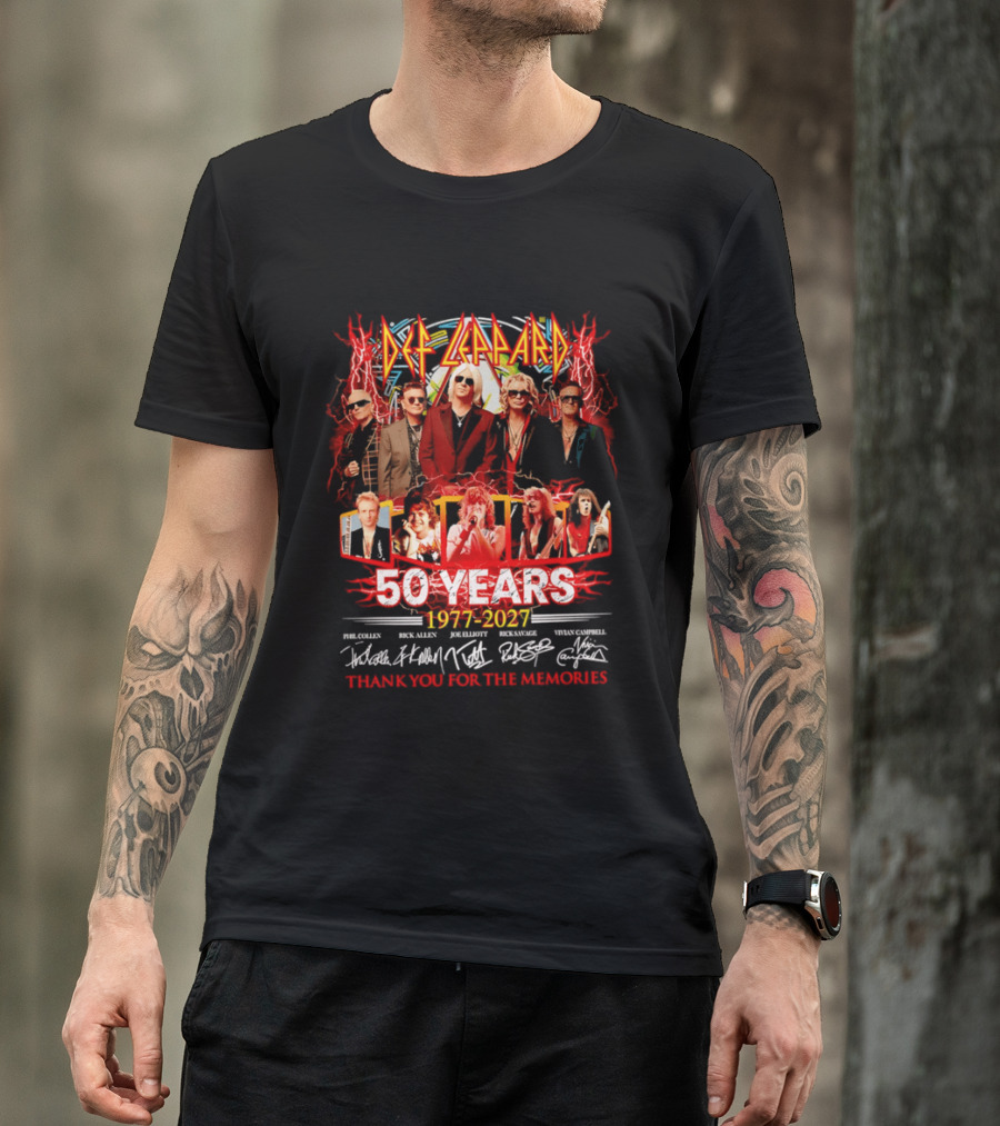 Def Leppard 50 Years 1977 2027 Thank You For The Memories Rock Legends Celebration Autographed Collage T-Shirt
