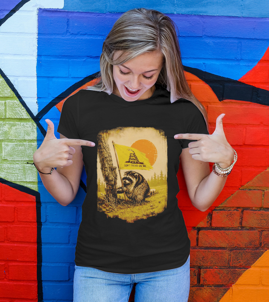 Don't Tread On Me Raccoon Holding Gadsden Flag Rustic Sun T-Shirt