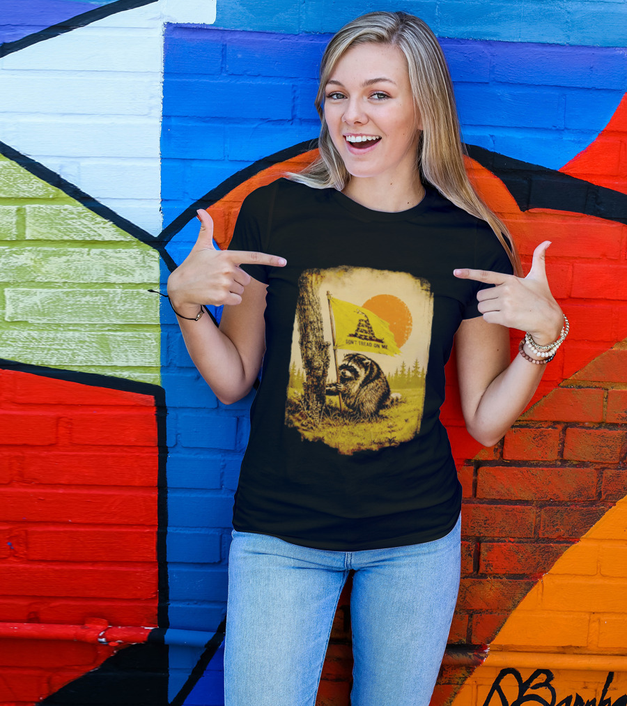 Don't Tread On Me Raccoon Holding Gadsden Flag Rustic Sun T-Shirt