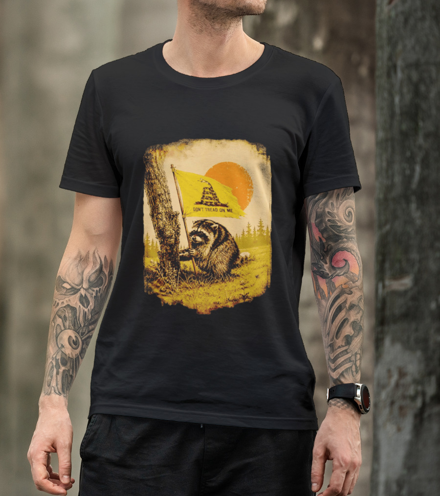 Don't Tread On Me Raccoon Holding Gadsden Flag Rustic Sun T-Shirt