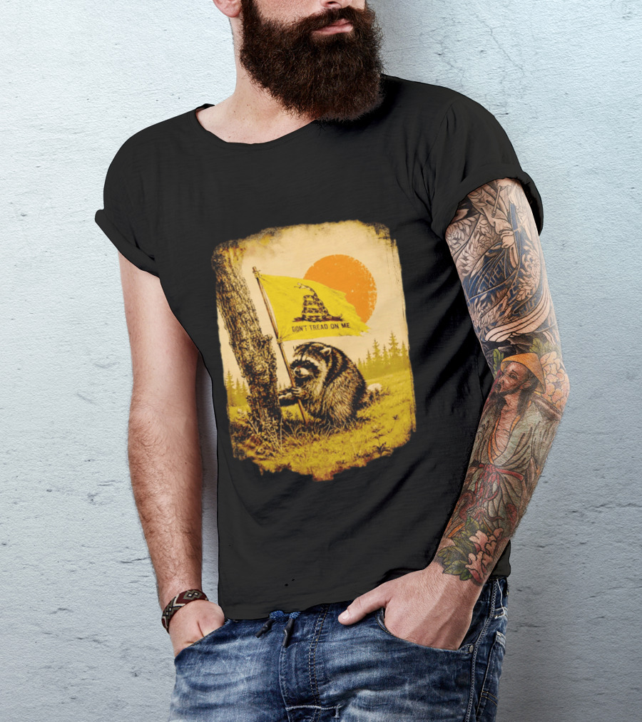 Don't Tread On Me Raccoon Holding Gadsden Flag Rustic Sun T-Shirt
