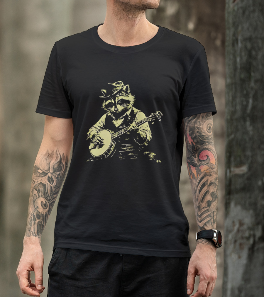 Raccoon Strumming Banjo Wearing Hat And Vest T-Shirt