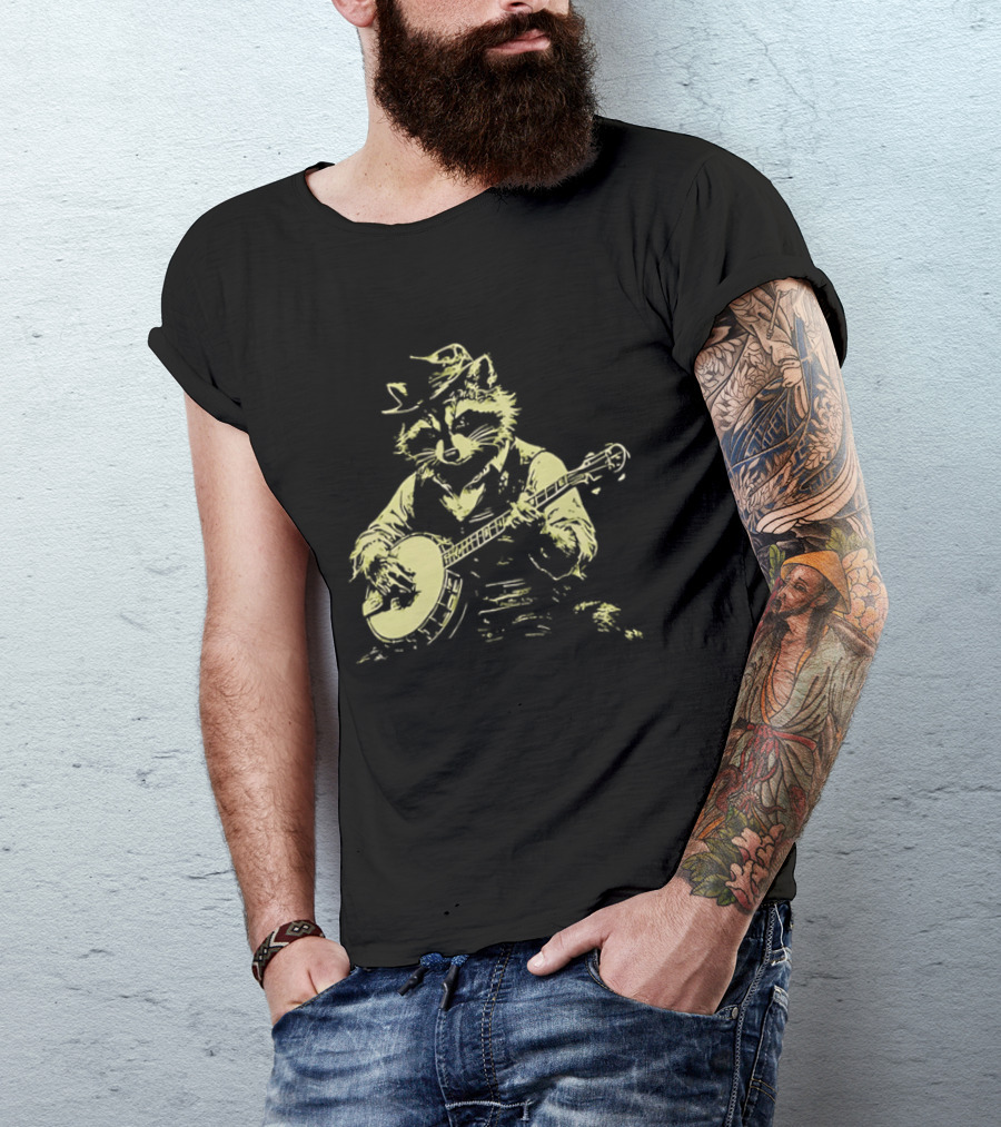 Raccoon Strumming Banjo Wearing Hat And Vest T-Shirt