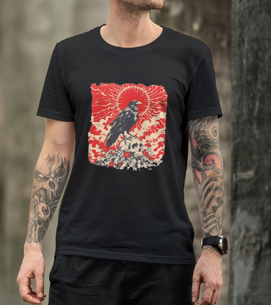 The Crow And The Skull Vintage Gothic Illustration Red Sunburst Mystical T-Shirt