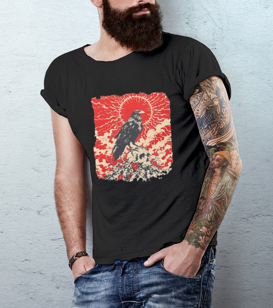 The Crow And The Skull Vintage Gothic Illustration Red Sunburst Mystical T-Shirt