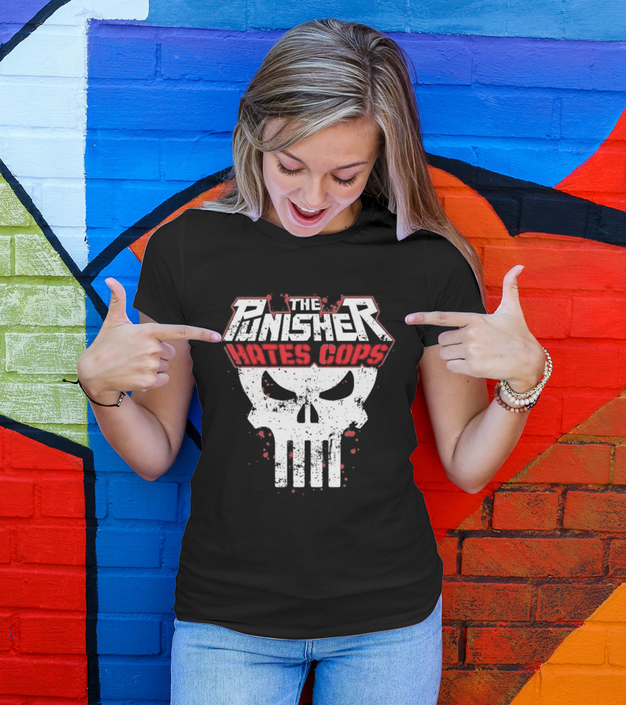 The Punisher Hates Cops Skull Symbol Red White T-Shirt