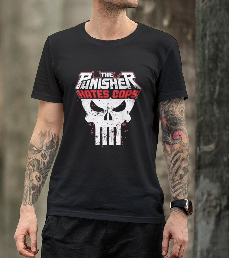 The Punisher Hates Cops Skull Symbol Red White T-Shirt