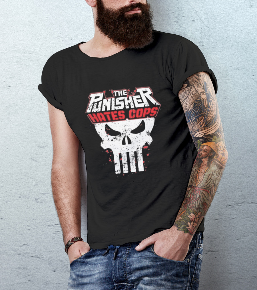 The Punisher Hates Cops Skull Symbol Red White T-Shirt