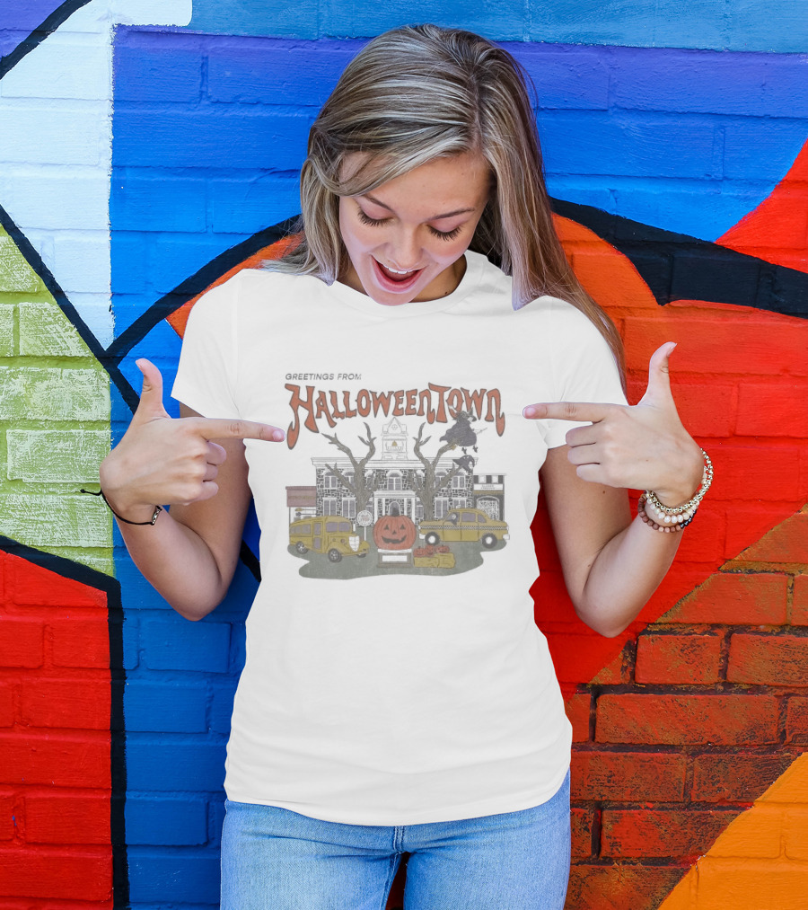 Greetings From Halloweentown Spooky Pumpkin Taxi Bus Haunted House Scene T-Shirt
