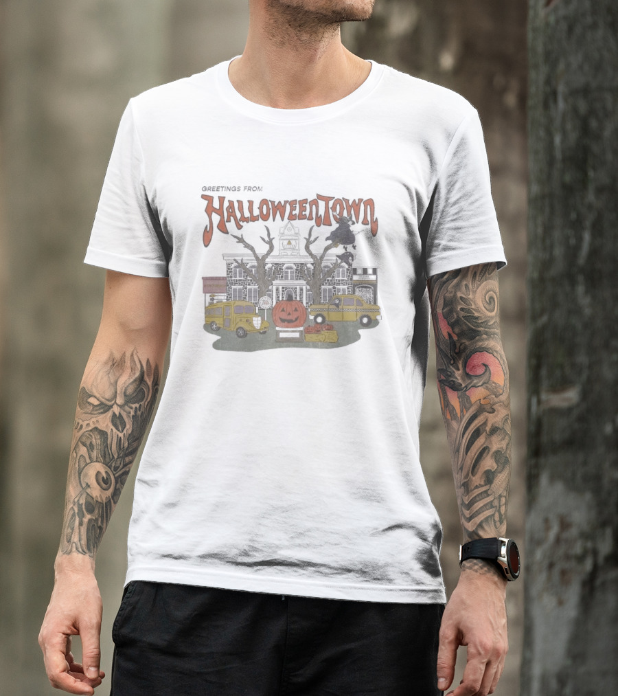 Greetings From Halloweentown Spooky Pumpkin Taxi Bus Haunted House Scene T-Shirt