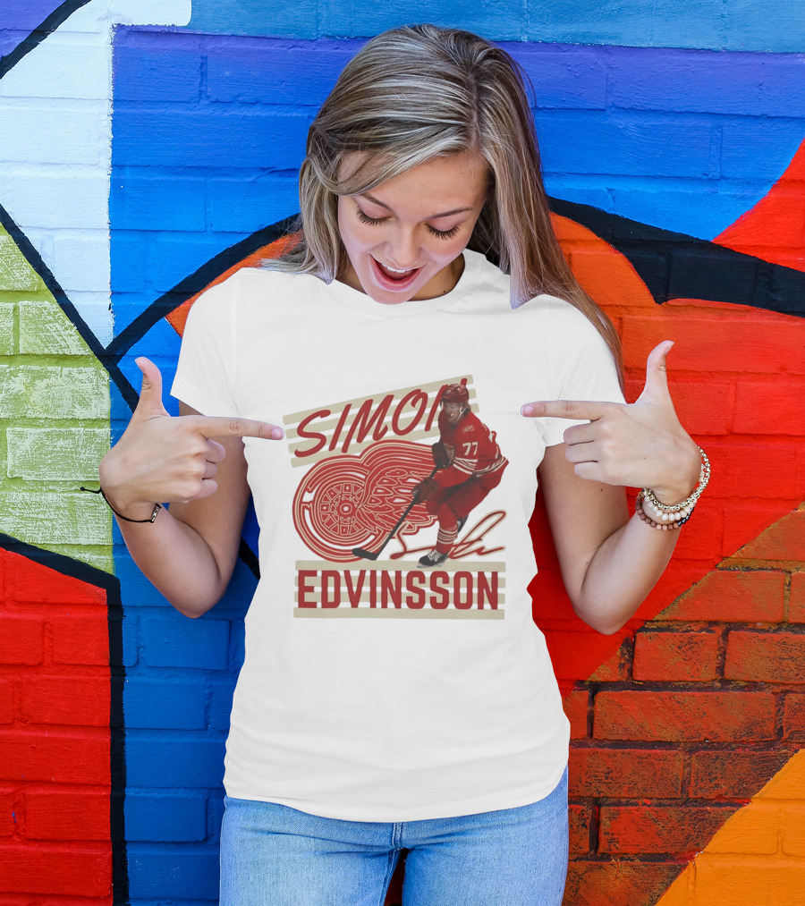 Simon Edvinsson 77 Detroit Red Wings Signature Hockey T-Shirt