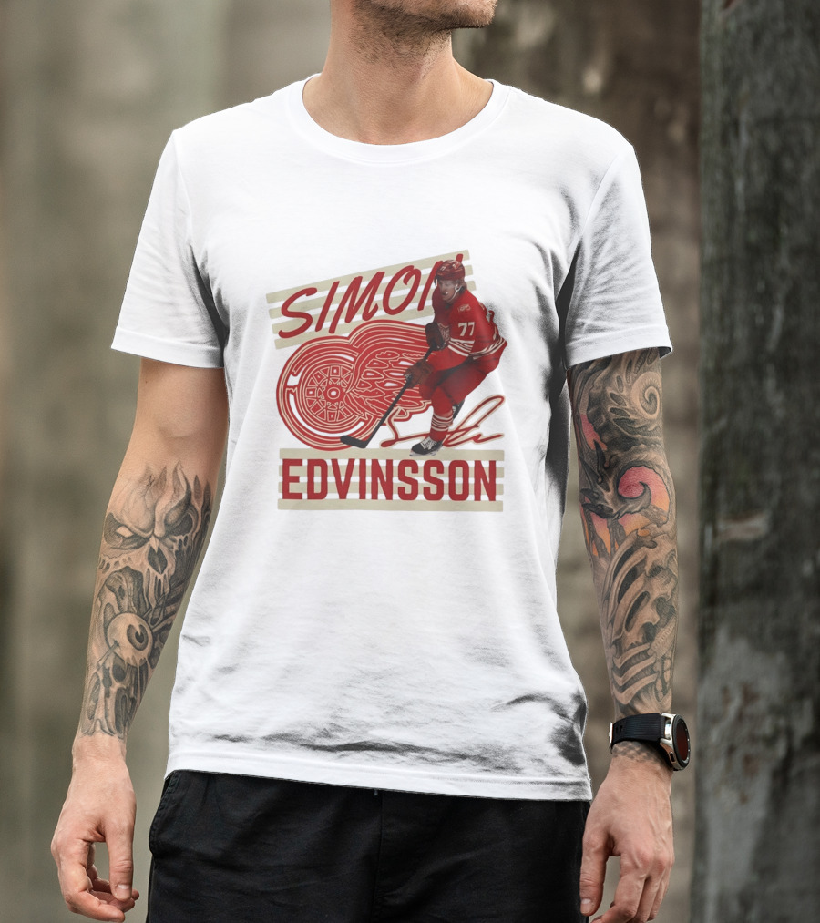 Simon Edvinsson 77 Detroit Red Wings Signature Hockey T-Shirt