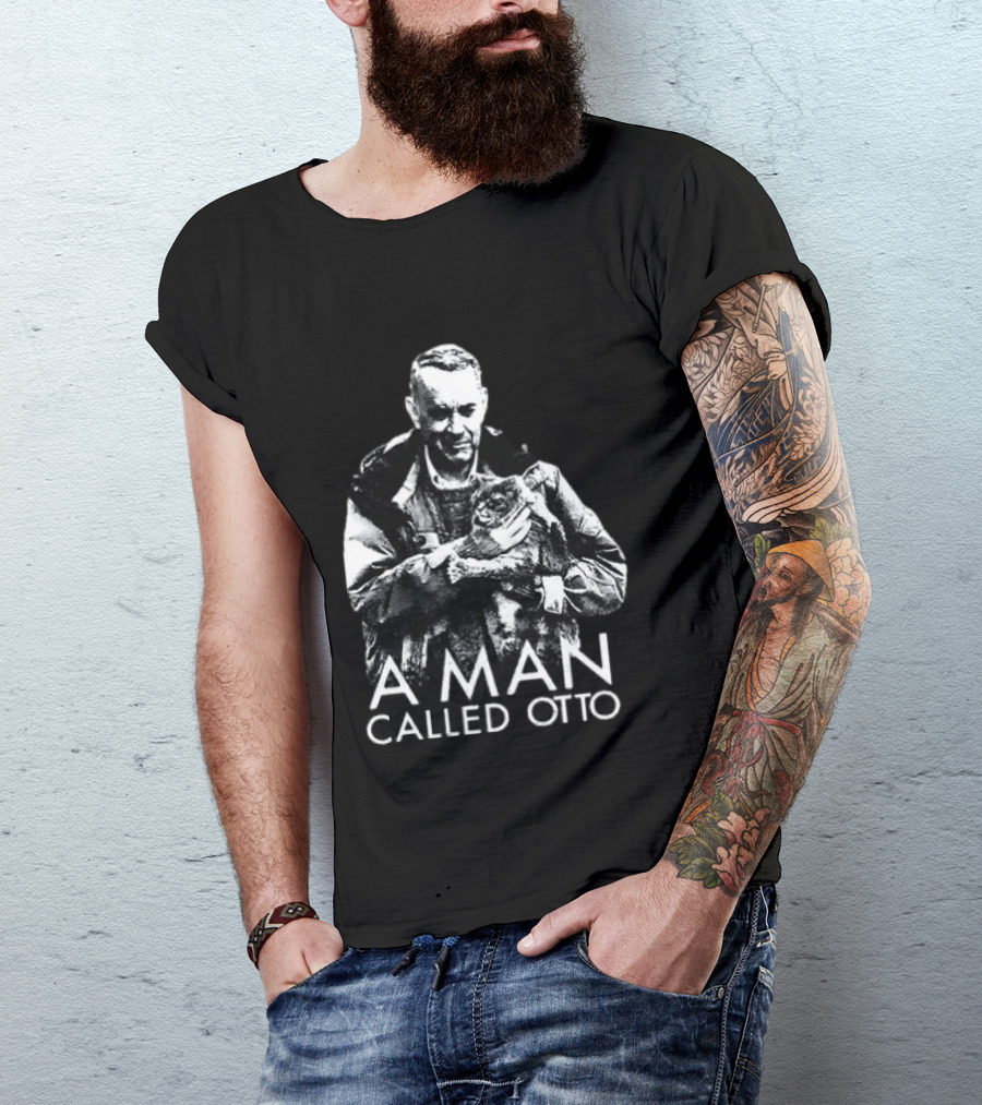 A Man Called Otto Holding Cat In Black And White T-Shirt