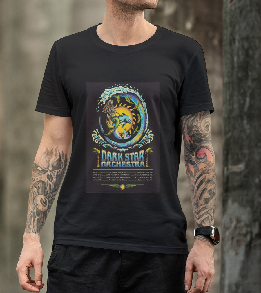 Dark Star Orchestra 2026 Florida Tour Dolphin Skeleton Wave Art And Dates T-Shirt