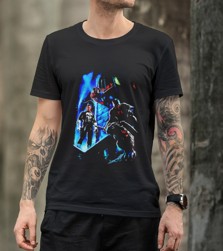 Marvel Comics Vigilante Action The Punisher Spider Man Daredevil Urban Battle Scene T-Shirt