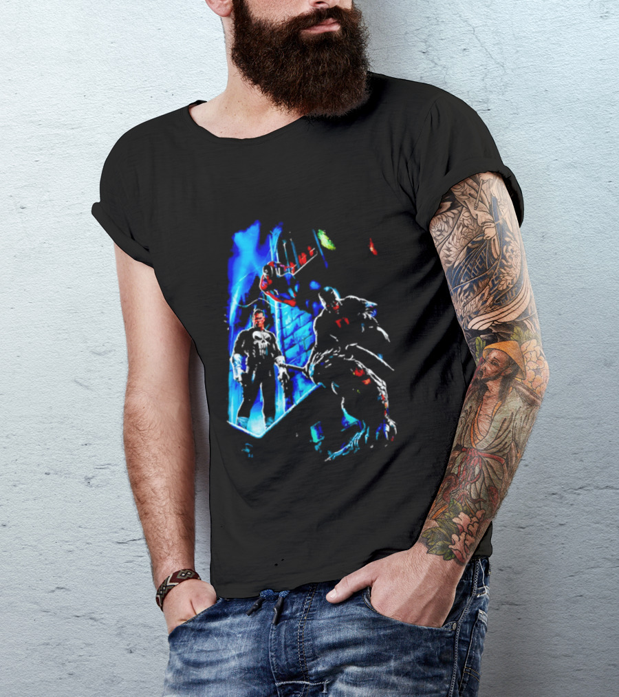 Marvel Comics Vigilante Action The Punisher Spider Man Daredevil Urban Battle Scene T-Shirt