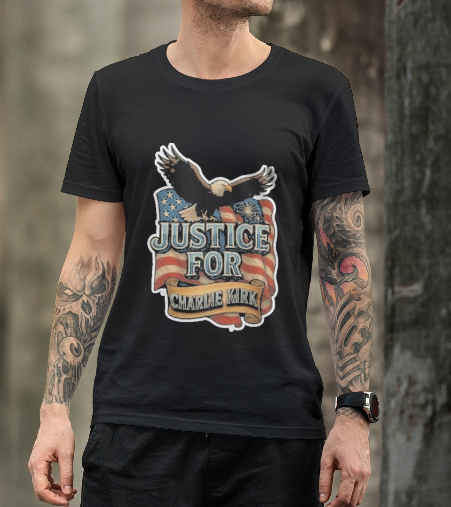 Justice For Charlie Kirk Bald Eagle American Flag Banner T-Shirt