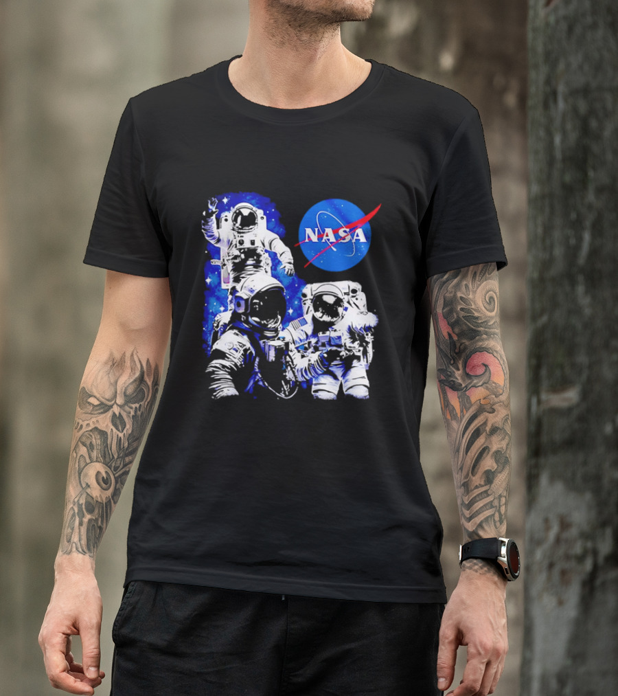 NASA Space Exploration Three Astronauts Floating In Deep Space T-Shirt