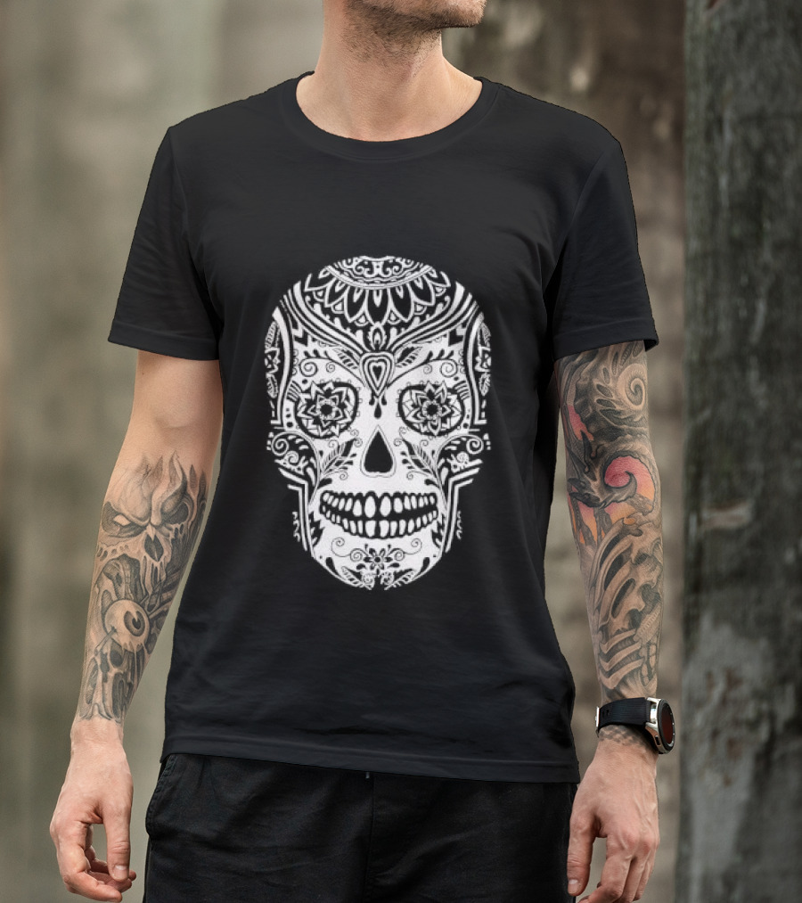 Sugar Skull Artistic Decorative Detailed Black White Intricate Motif T-Shirt