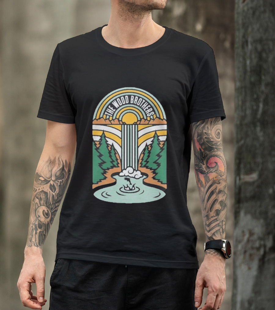 The Wood Brothers Waterfall Nature Scene With Sunburst And River Rapids T-Shirt