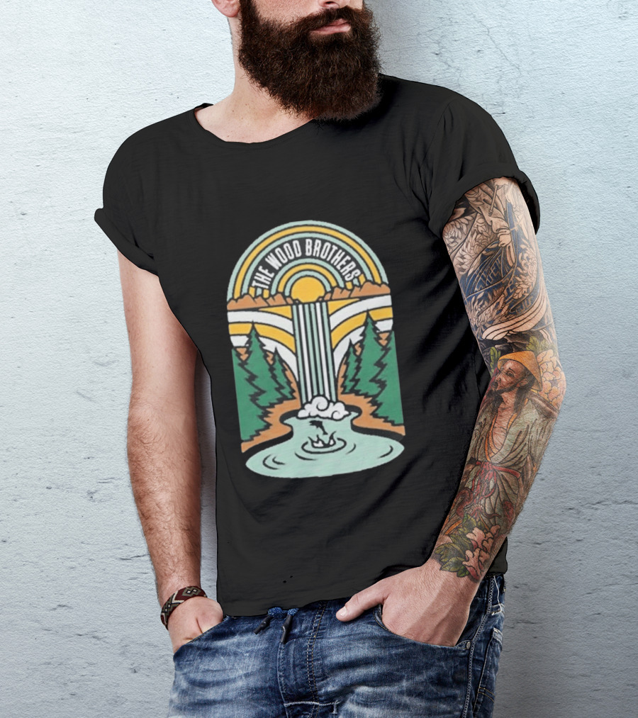 The Wood Brothers Waterfall Nature Scene With Sunburst And River Rapids T-Shirt
