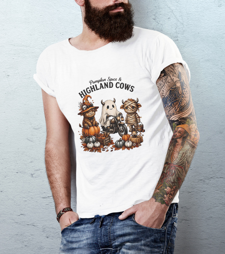 Pumpkin Spice And Highland Cows Halloween Fun T-Shirt