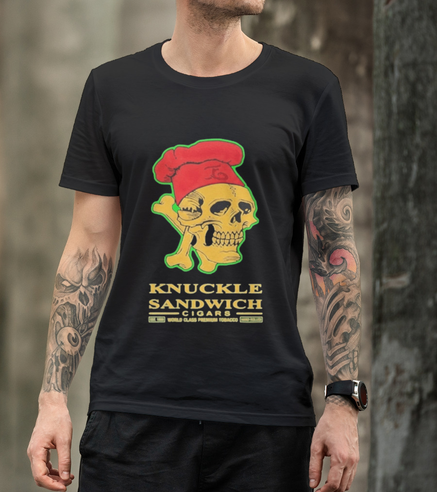 Knuckle Sandwich Cigars World Class Tobacco Skull With Red Chef Hat And Crossbones T-Shirt