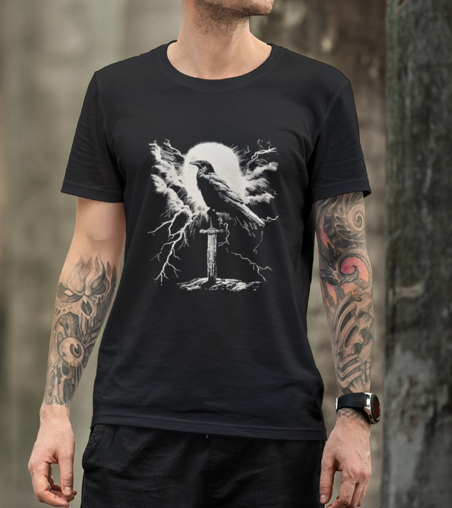 Raven On Sword With Lightning And Moon T-Shirt