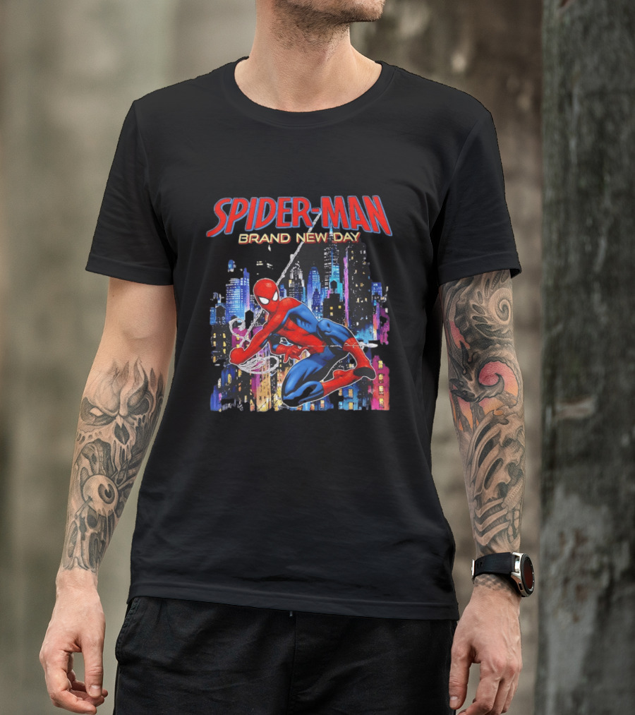 Spider Man Brand New Day Web Superhero Swinging City Night Marvel Studios T-Shirt