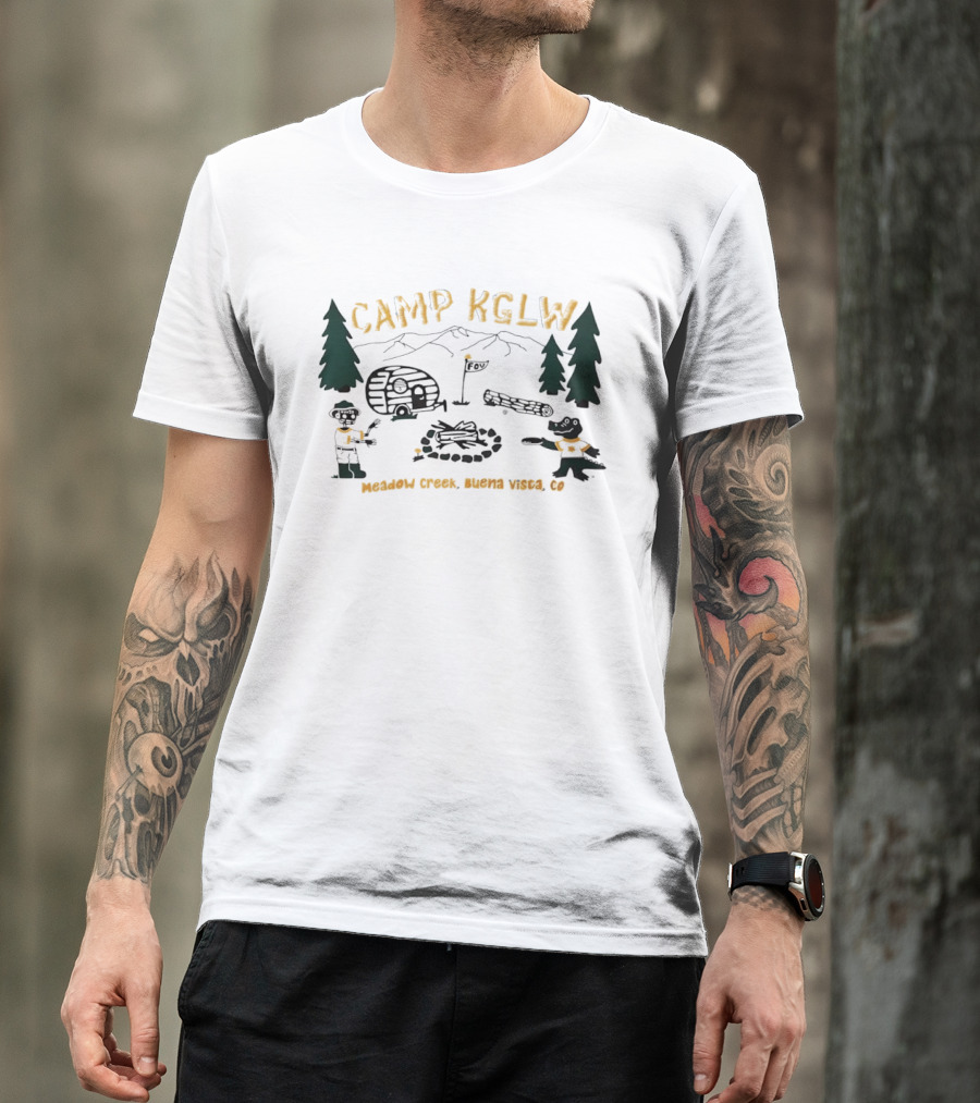 Camp KGLW Meadow Creek Buena Vista CO Skeleton Gator Camping Disc Golf T-Shirt