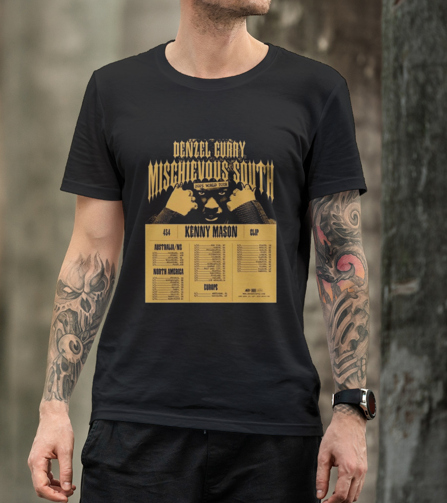 Denzel Curry Mischievous South 2025 World Tour Kenny Mason Clip 454 Australia North America Europe Dates T-Shirt