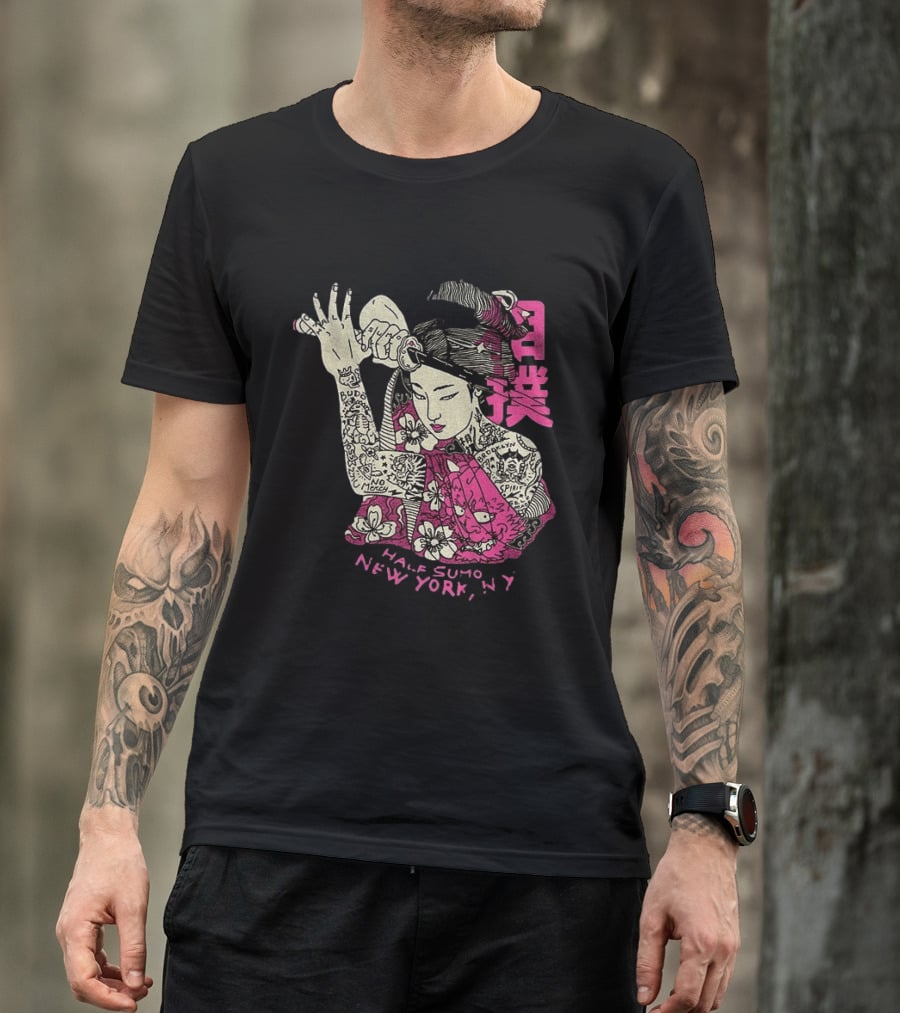 Tattooed Geisha With Katana And Flowers Japanese Samurai Half Sumo New York NY T-Shirt