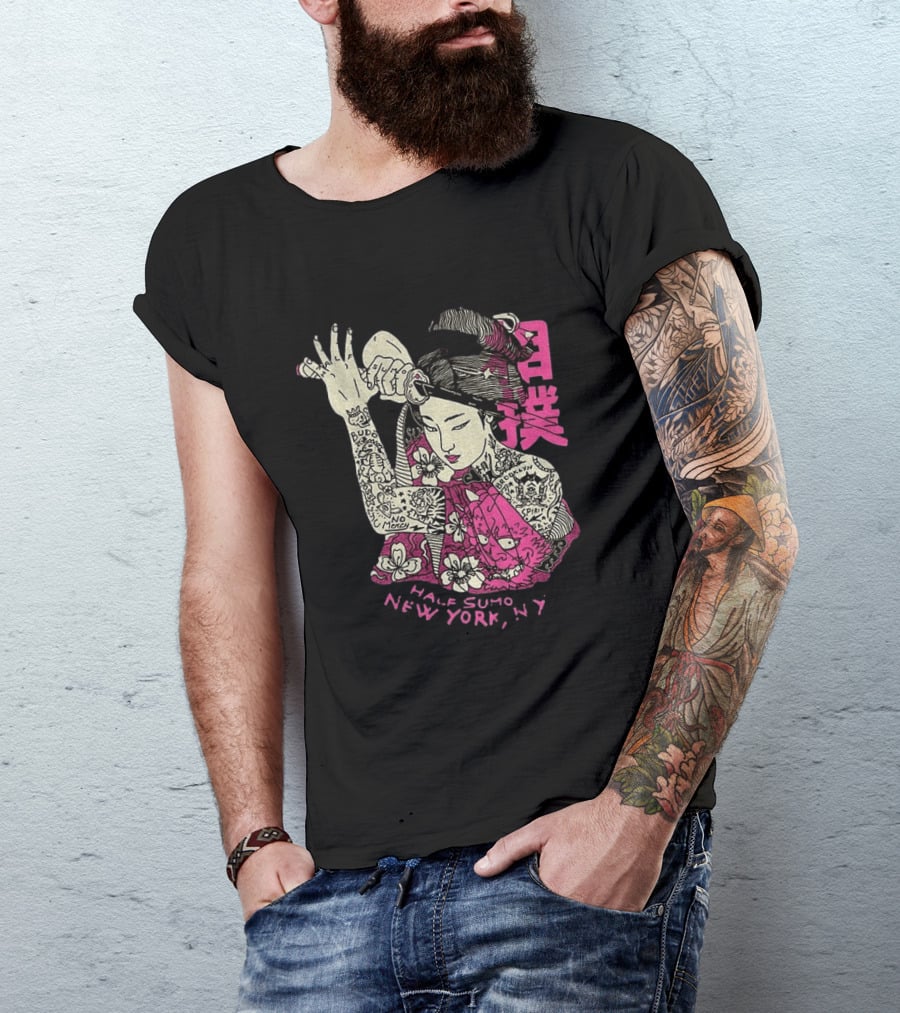 Tattooed Geisha With Katana And Flowers Japanese Samurai Half Sumo New York NY T-Shirt