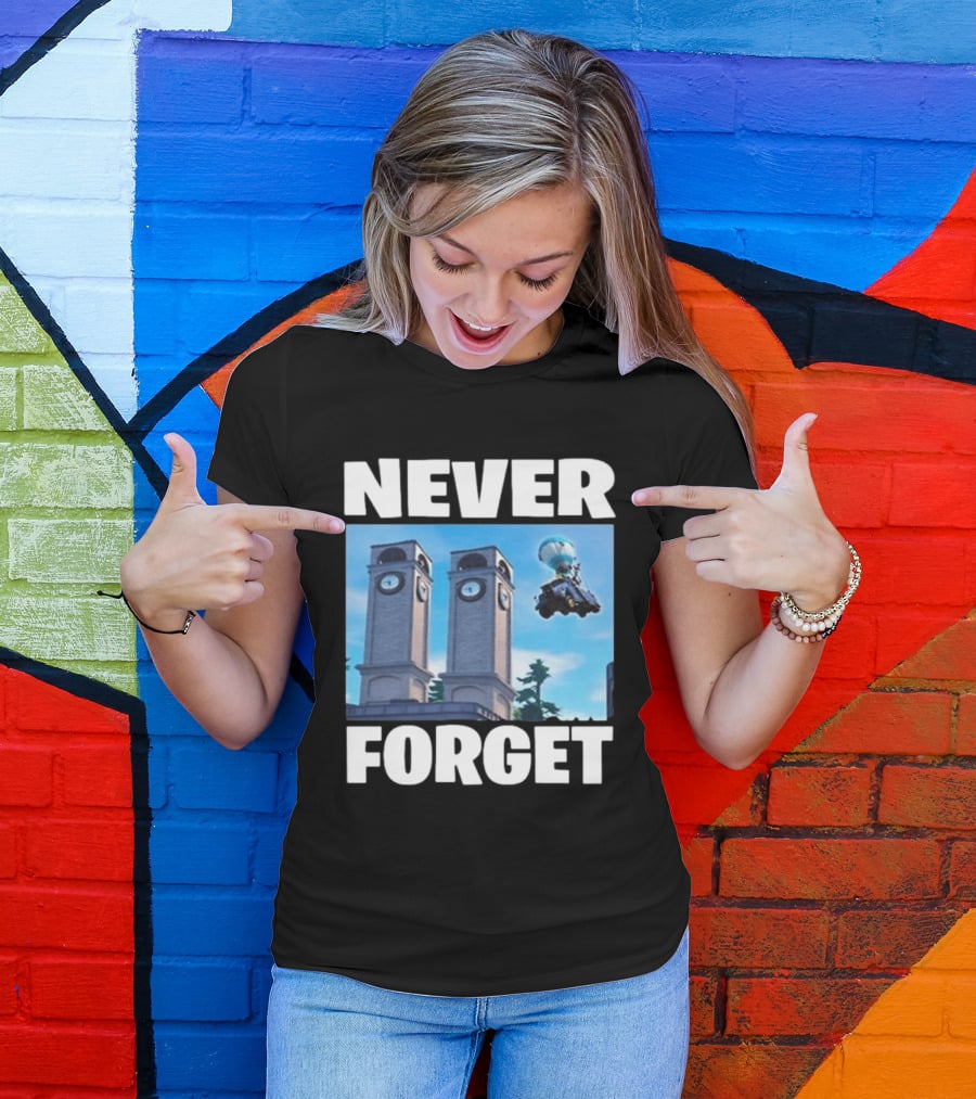 NEVER FORGET Twin Tilted Towers Fortnite Battle Bus T-Shirt