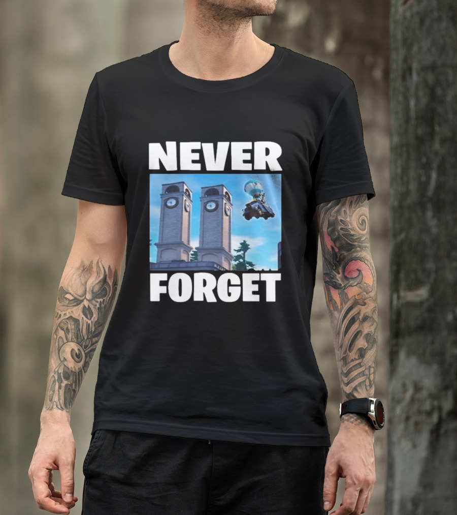 NEVER FORGET Twin Tilted Towers Fortnite Battle Bus T-Shirt