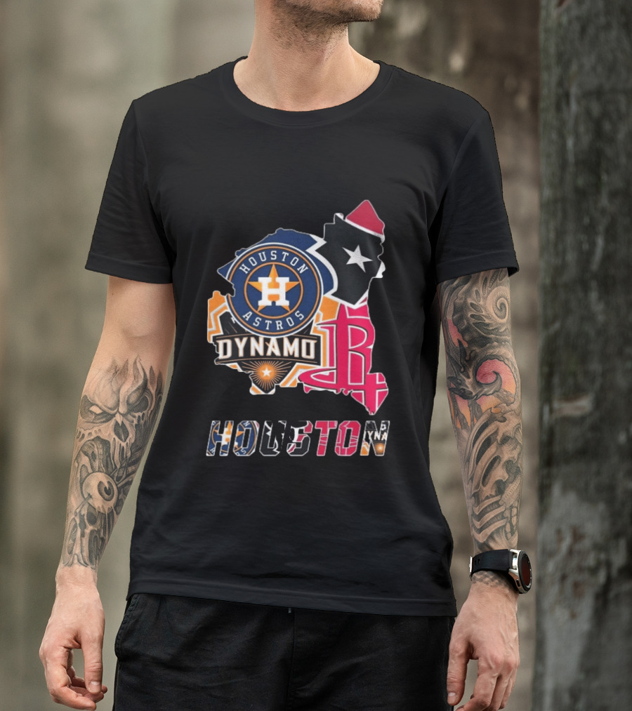 Houston Astros Texans Dynamo Rockets Map Logo Collage T-Shirt